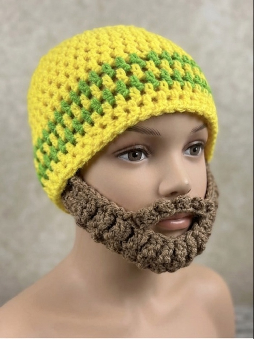 Crochet Yellow and Green Striped winter hat for Kids with beard/mustache combo